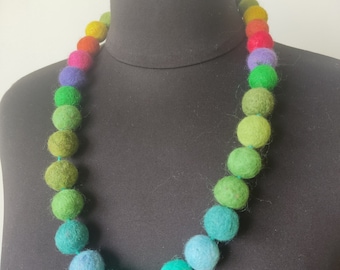 Multi color merino wool felt necklace, texstil jewelry, woolen ball necklace, ladies handmade wearable art, best gift for women