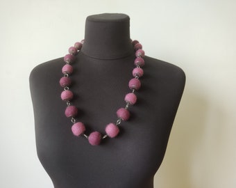 Pink merino wool felt necklace, texstil jewelry, woolen ball necklace, ladies handmade wearable art, best gift for women gift for mom