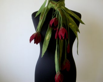 Wool felted flower scarf lariat Best gift for woman unique jewelry Felted burgundy flowers  textile necklace jewelry Felt scarf women