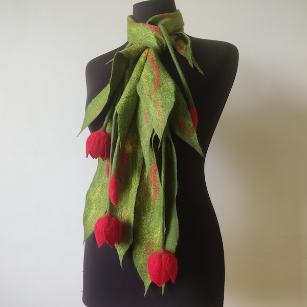 Textilkunst Schal Boho Chunky Halskette Gefilzte Merino Wolle Tulip Schal Halskette Handmade Floral Lariat