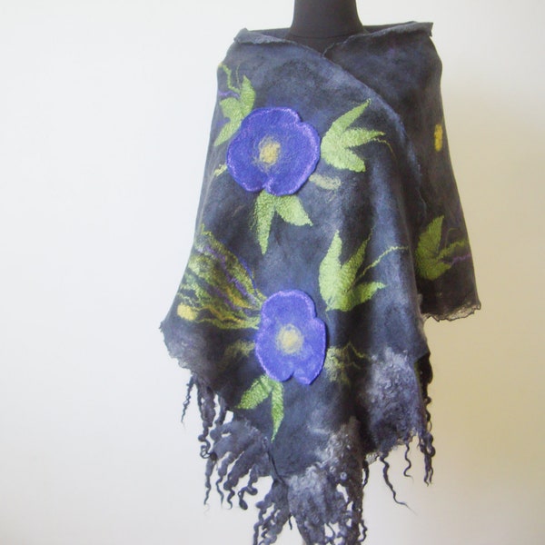 Long shawl, Large wool black scarf wrap,  Evening cover up, Chic silk scarf, Nuno felt shawl, Best gift for woman, flower scarf