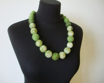 Green merino wool felt necklace, texstil jewelry, woolen ball necklace, ladies handmade wearable art, best gift for women