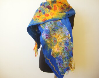 Light silk shawl, Wool felted scarf, flower scarf women, wearable art scarf,  nuno felt scarf, Eco style