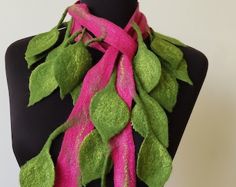 Leaf necklace, colorful necklace, minimalist necklace, felted garland, wool felt scarf, art to wear, long leaf necklace