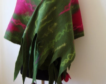 Felted Flower Scarf: Organic Wool Shawl with Raspberry Tulips
