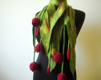 May include: A green felt scarf with red felt tulips attached. The scarf has yellow and red accents.