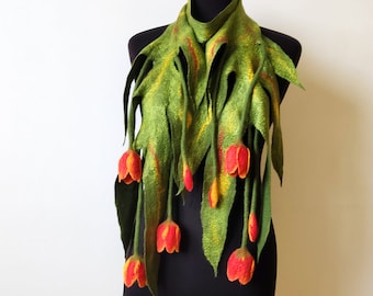 Green felted flower scarf lariat with yellow-red tulips, handmade wool scarf women, felt flower bouquet, Valentines gift for her