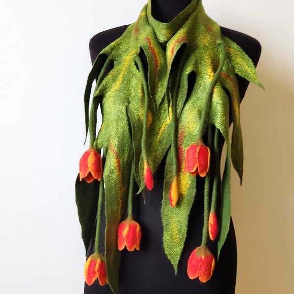 Green felted flower scarf lariat with yellow-red tulips, handmade wool scarf women, felt flower bouquet, Valentines gift for her