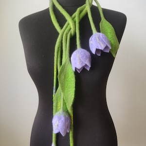 Felted Necklace with Lilac Tulips – Green Wool Statement Jewelry