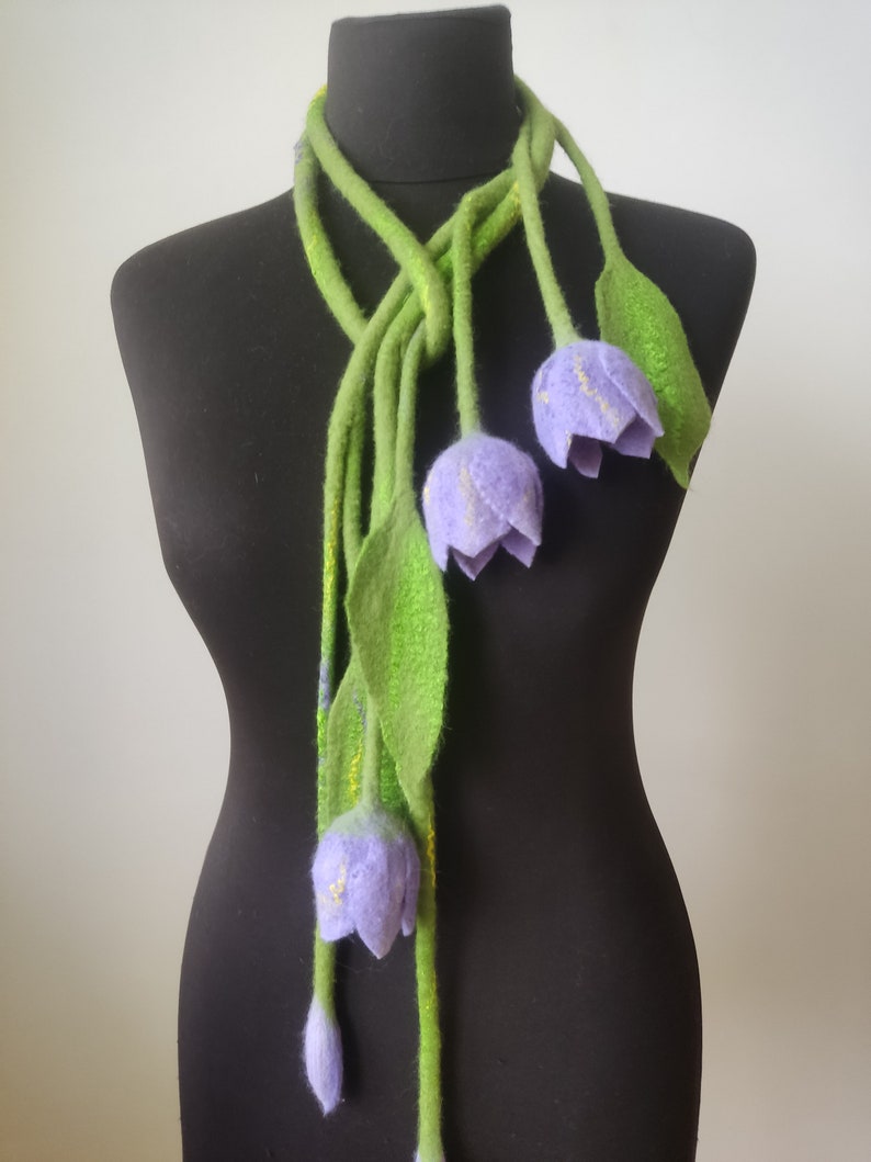 Felted Necklace with Lilac Tulips – Green Wool Statement Jewelry