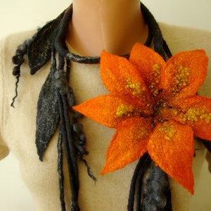 Felt flower necklace Large felt flower brooch Handmade scarf jewelry Perfect gift for her Felted wool jewelry Floral orange lariat