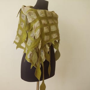 Light Olive Green Felted Wool Scarf on Silk Base – Lightweight Nuno Felt Scarf – Elegant Wool Shawl  – Nature-Inspired Gift for Her
