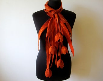 Light flower scarf women gift Wool terracotta necklace lariat Felted scarf handmade with tulips