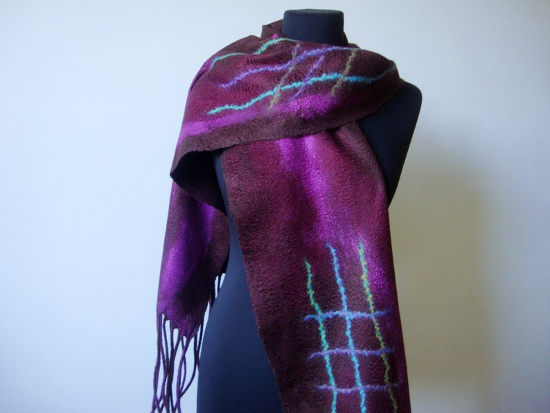 Long felted shawl, Large wool scarf, Evening cover up, brown felt scarf, Nuno felt shawl, Best gift for woman image 10