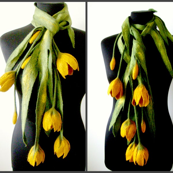 Green felted flower scarf lariat with yellow tulips Textile necklace Wool scarf women Felt flower bouquet Gift for women Elegant necklace