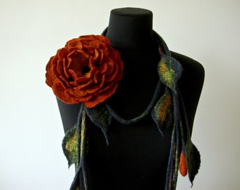 Felted Wool Flower Lariat Necklace: Terracotta Floral Scarf Brooch