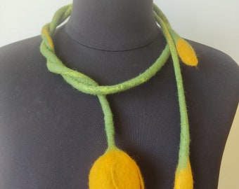 Wool felted necklace, yellow tulip necklace, lariat necklace