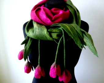 Luxury gift for women, felted scarfs shawls, felt flower scarf, wearable art, organic wool scarf