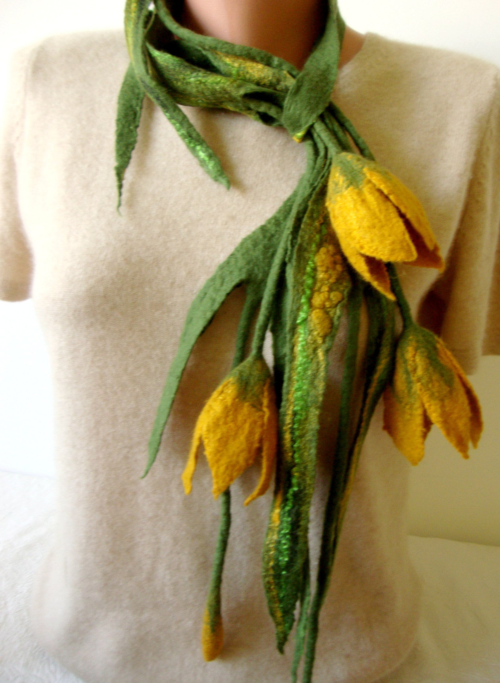Green Felt Flower Scarf Woman With Yellow Flowers Tulips