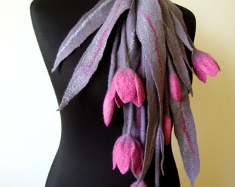 Gray wool felted necklace lariat Light flower scarf women gift Scarf with tulip flowers Best gift for woman