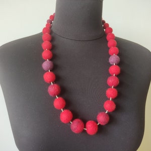 Red merino wool felt necklace, texstil jewelry, woolen ball necklace, ladies handmade wearable art, best gift for women