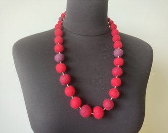 Red Wool Felt Ball Necklace: Handmade Merino Textile Jewelry