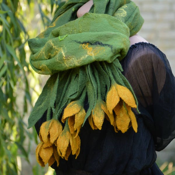 Green felted wool wrap women, Nuno felt scarf, Felted flower brooch bouquet, Art to wear, Large wool scarf wrap, Best gift for woman