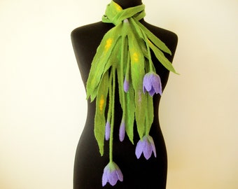 Best gift for woman unique jewelry Handmade wool felted scarf Felt flower tulip necklace lariat Charm extravagance scarf