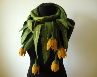 Green felted scarf woman with yellow tulips Extravagance scarf Charm scarf Flower shawl Large wool scarf wrap