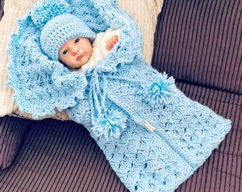 English pattern Baby Cocoon and hat for newborn. Crochet cocoon for baby and hat.