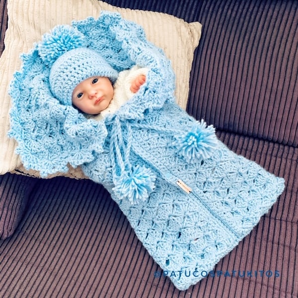English pattern Baby Cocoon and hat for newborn. Crochet cocoon for baby and hat.