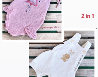 2en 1 Pdf Pattern White baby knitted romper and Pink baby romper. 2 en 1 patron en inglés bodu blanco y rosa para bebé