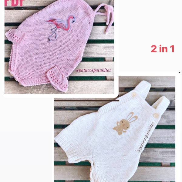2en 1 Pdf Pattern White baby knitted romper and Pink baby romper. 2 en 1 patron en inglés bodu blanco y rosa para bebé