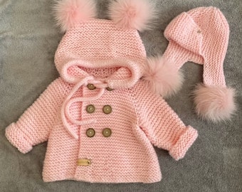 Newborn pink knitted set bear for baby jaket and russian hat