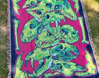 Boneyard Woven Throw Blanket, Skull theme wall hanging, Tapestry