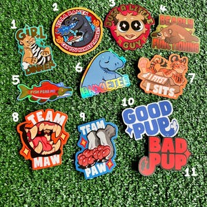 Peut inclure: Une collection d'autocollants colorés avec divers motifs et textes. Les motifs incluent un lion avec le texte "GIRL DINNER", un monstre avec "ZILLA RAMEN CAN YOU HANDLE THE HEAT?", et un ours avec "BEARLY FUNCTIONING".