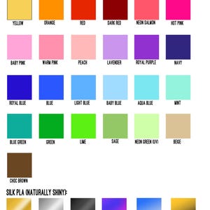 K&ouml;nnte beinhalten: Eine Farbkarte mit dem Titel BIG LION'S DEN PLA COLOURS, die ein Raster aus einfarbigen Quadraten in verschiedenen T&ouml;nen zeigt, darunter Wei&szlig;, Grau, Schwarz, Gelb, Orange, Rot, Pink, Lila, Blau, Gr&uuml;n und Braun sowie gl&auml;nzende Seiden-PLA-Farben.