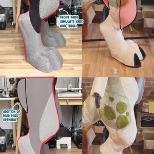 May include: A pair of digitigrade leg padding inserts for a costume, featuring textured gray foam shapes. The image includes text labels: FRONT PADS SIMULATE KNEE AND THIGH and ADDITION OF REAR PADS OPTIONAL, with red outlines highlighting the placement.