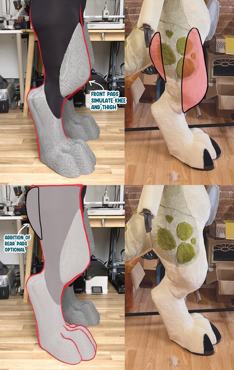 May include: A pair of digitigrade leg padding inserts for a costume, featuring textured gray foam shapes. The image includes text labels: FRONT PADS SIMULATE KNEE AND THIGH and ADDITION OF REAR PADS OPTIONAL, with red outlines highlighting the placement.