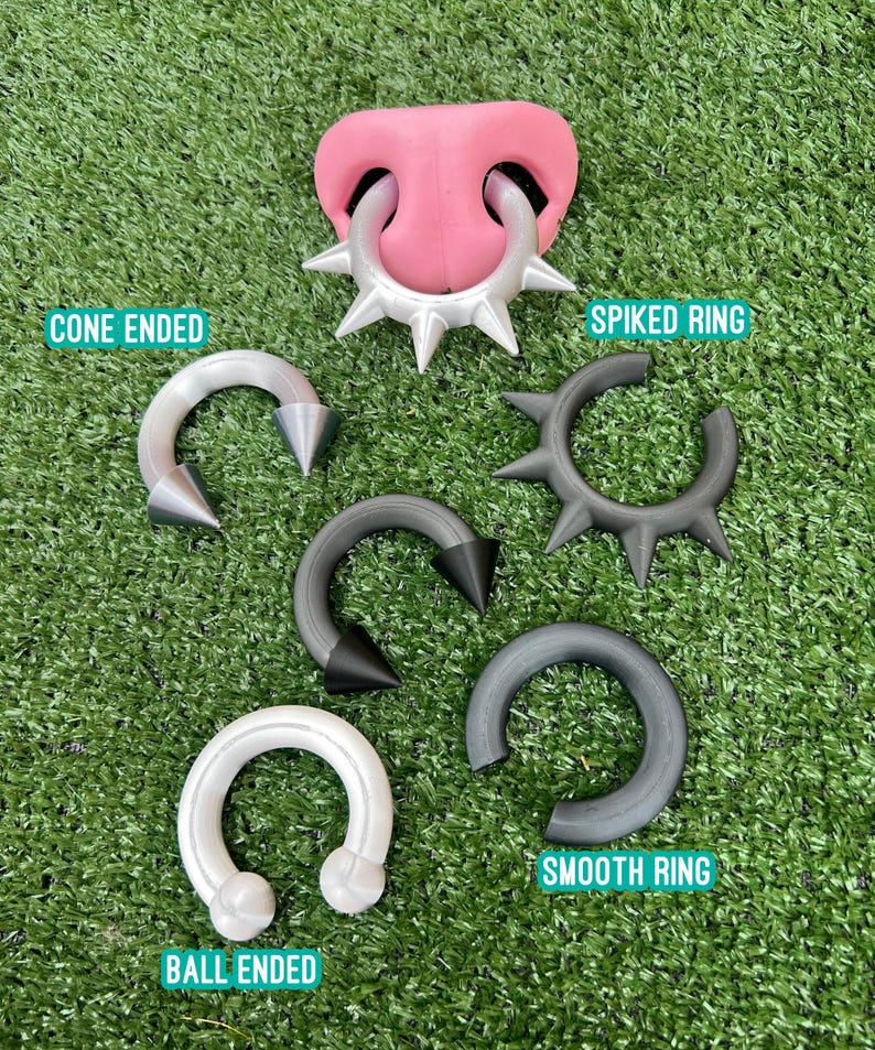 Pode incluir: Uma cole&ccedil;&atilde;o de joias corporais incluindo um modelo de nariz rosa com um anel prateado de espinhos, uma ferradura prateada com pontas c&oacute;nicas, um anel preto de espinhos, uma ferradura preta com pontas c&oacute;nicas, um anel cinzento liso.