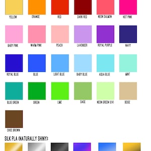 Pode incluir: Uma tabela de cores intitulada BIG LION'S DEN PLA COLOURS exibindo uma grade de quadrados s&oacute;lidos em v&aacute;rios tons, incluindo branco, cinza, preto, amarelo, laranja, vermelho, rosa, roxo, azul, verde e marrom, al&eacute;m de cores PLA brilhantes.