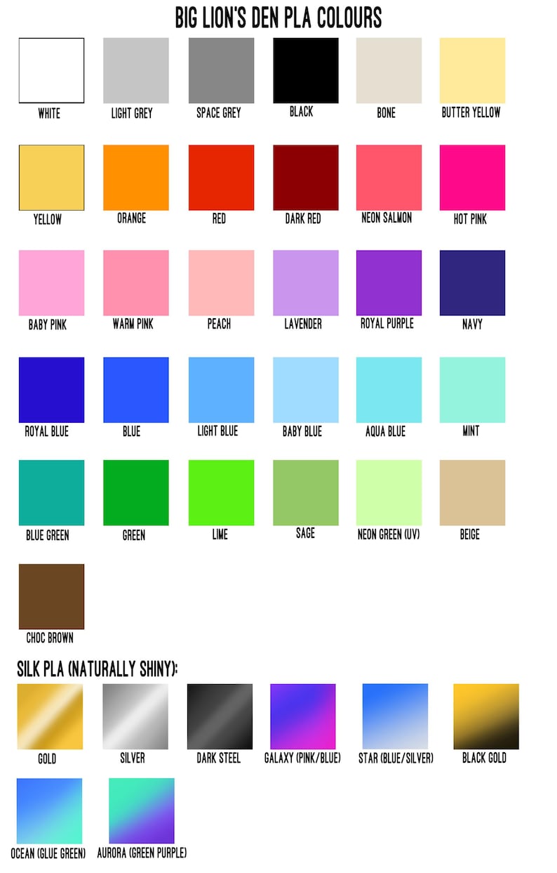 Pode incluir: Uma tabela de cores intitulada BIG LION'S DEN PLA COLOURS exibindo uma grade de quadrados s&oacute;lidos em v&aacute;rios tons, incluindo branco, cinza, preto, amarelo, laranja, vermelho, rosa, roxo, azul, verde e marrom, al&eacute;m de cores PLA brilhantes.