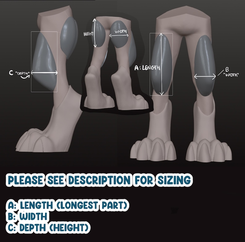 May include: A 3D model of animal-like legs with gray oval pads, featuring measurement arrows labeled A: LENGTH, B: WIDTH, and C: DEPTH. Text reads: PLEASE SEE DESCRIPTION FOR SIZING, A: LENGTH (LONGEST PART), B: WIDTH, C: DEPTH (HEIGHT).