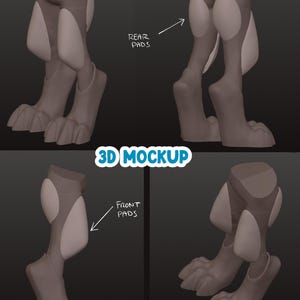May include: A 3D mockup of digitigrade animal legs in a dark gray tone with lighter gray oval pads. The image includes four views of the legs with text labels pointing to the REAR PADS and FRONT PADS, and the central text 3D MOCKUP.