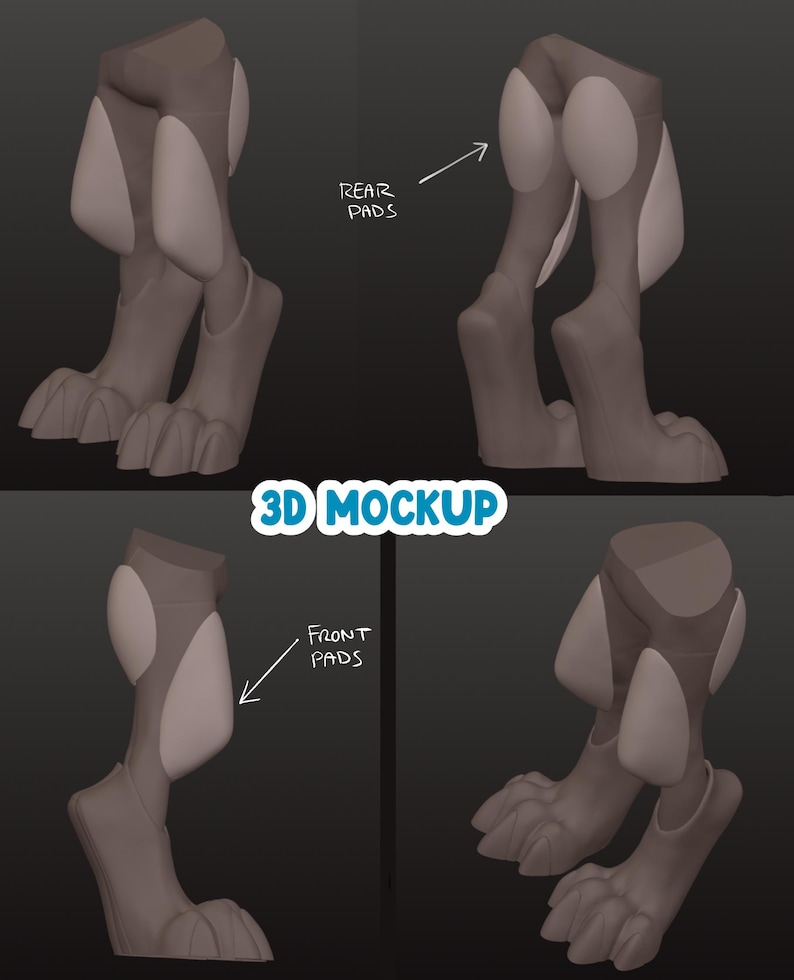 May include: A 3D mockup of digitigrade animal legs in a dark gray tone with lighter gray oval pads. The image includes four views of the legs with text labels pointing to the REAR PADS and FRONT PADS, and the central text 3D MOCKUP.