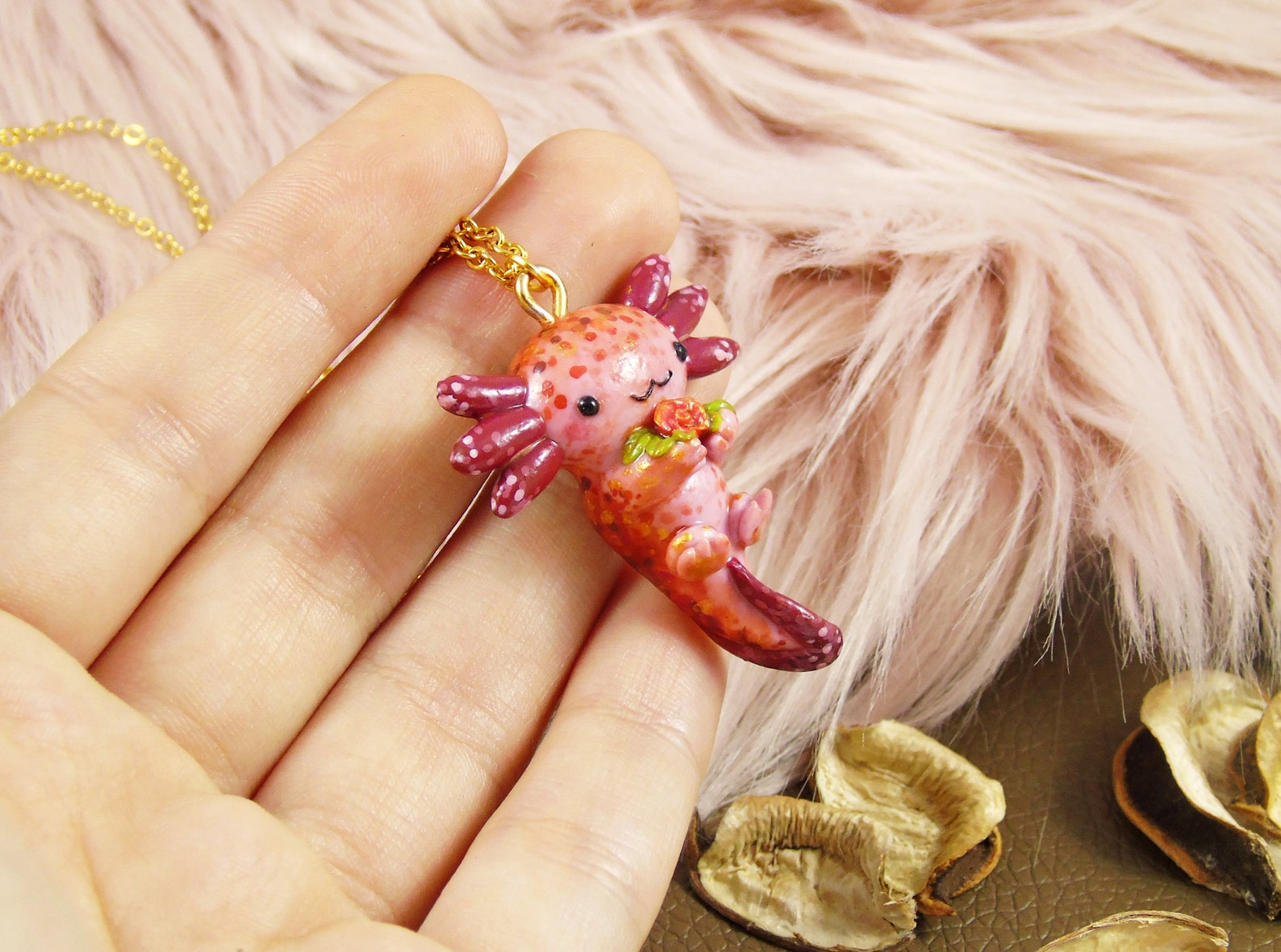 Red Rose Axolotl Necklace Tiny Polymer Clay Charm Etsy