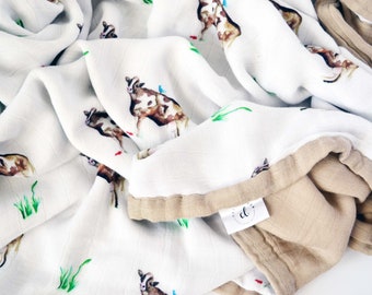 Muslin Baby Blanket, Cow Baby Blanket, Bamboo Blanket, Muslin Swaddle Blanket, Boy Swaddle, Baby Blanket, Baby Quilt, Watercolor Blanket