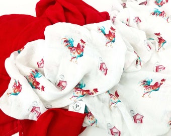 Muslin Baby Blanket Set, Rooster Baby Blanket, Bamboo Blanket, Muslin Swaddle Blanket Set, Unisex Swaddle, Baby Swaddle, Red Swaddle