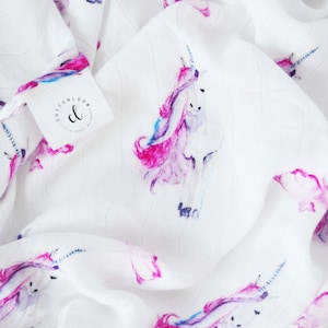 Unicorn Muslin Swaddle Blanket: Bamboo Baby Blanket, Watercolor Design