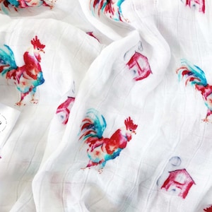 Rooster Baby Swaddle Blanket: Bamboo Muslin, Watercolor Farm Print